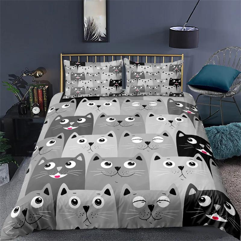 Kawaii Animal Duvet Cover Cute Cat Bedding Set For Girls Boys Kids, Pet Theme Cartoon Kitten Comforter Cover Lovely Cat Bed Set
