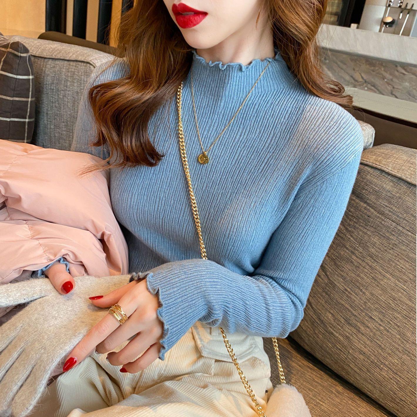 

Ruffle Semi-high-neck Sweater for Women s Autumn and Winter Stylish with Base Layer Inside and Out Trendy and Casual Long-sleeved Pullover S