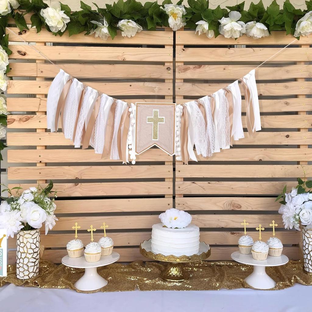 God Bless Cross High Chair Banner,Baptism Party Decorations,First Holy Communion Ribbon Banner,Boys Girls Baptism Party Highchair Banner,Garland