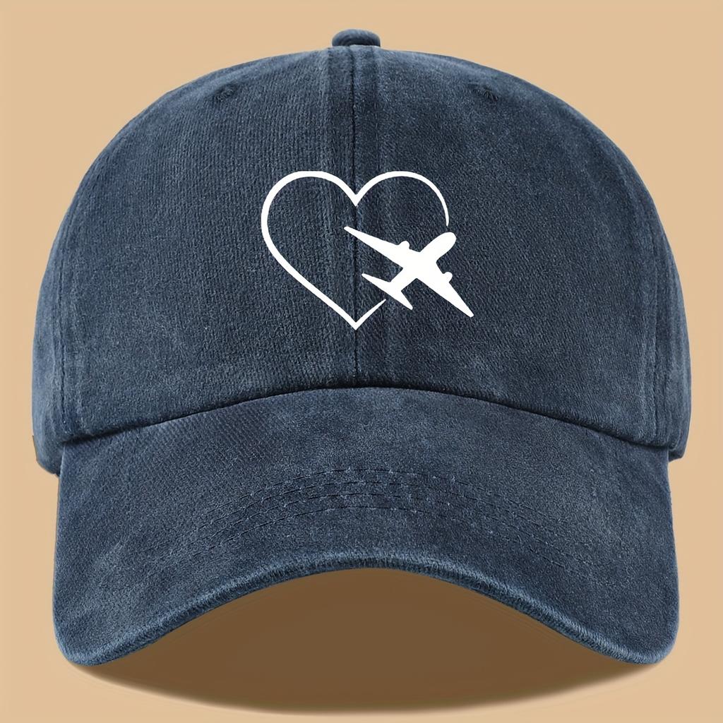 Heart & Plane Print Hip-Hop Dad Hat Adjustable Washable Baseball Cap Outdoor Adventure Cycling Sun Protection Hat