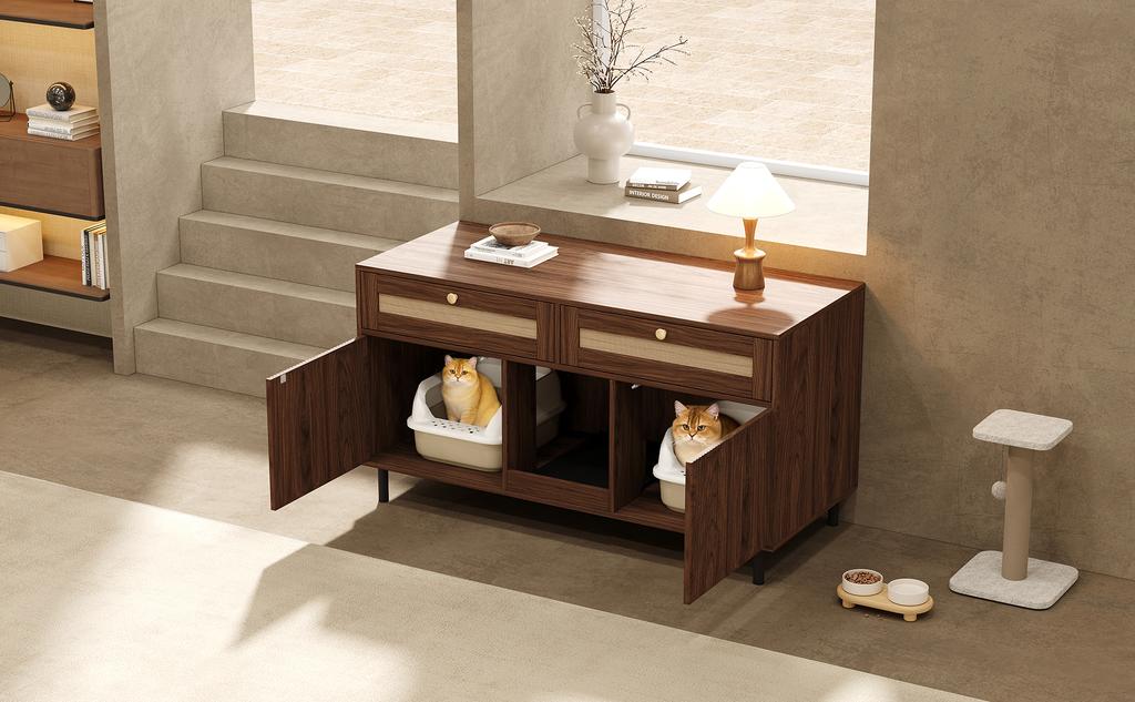 Cat Litter Box Cabinet with Litter Mat, Pet Cabinet with Rattan Drawers, Sideboard/TV Cabinet, Without Litter Box, Walnut, 120x50x65 Cm