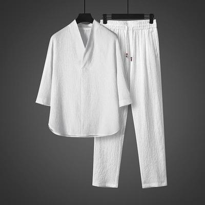 Sommer Herren Eis Seide Vintage Hanfu T-Shirt und Hosen Set, Locker und Atmungsaktiv Lässiges Zweiteiler-Set