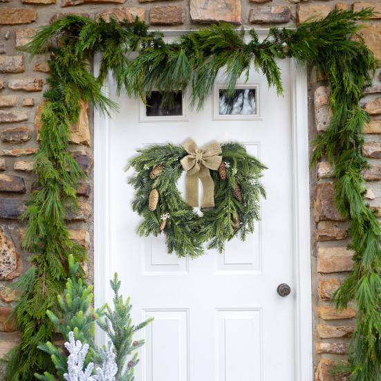 20 Inch Christmas Wreath for Front Door Real Touch Norfolk Pine Wreath with Cow Bell Pine Cones And Bow Faux Greenery Wreath