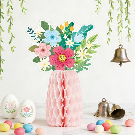 Wildflower Honeycomb Table Centerpiece 3D Floral Paper Vase with Bouquet Print Card for Spring Wedding Birthday Party Supplies