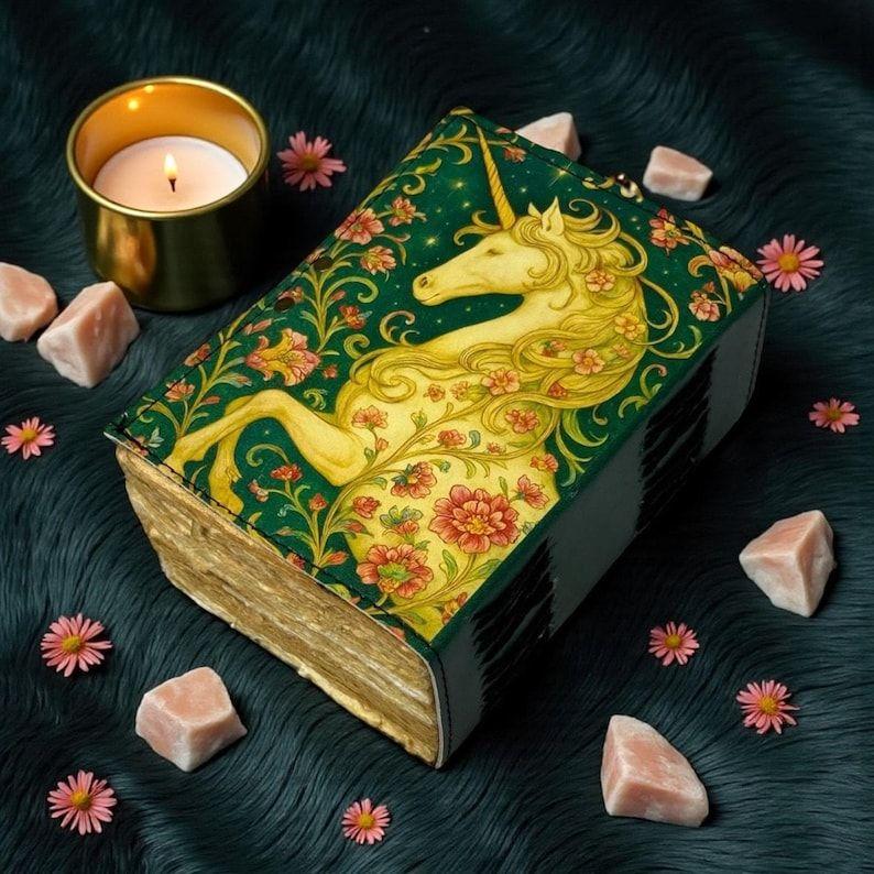 200-pages Unicorn Dreamscape Journal, Green & Gold Floral Leather Diary, Artisan Paper, Gift for Unicorn Lovers