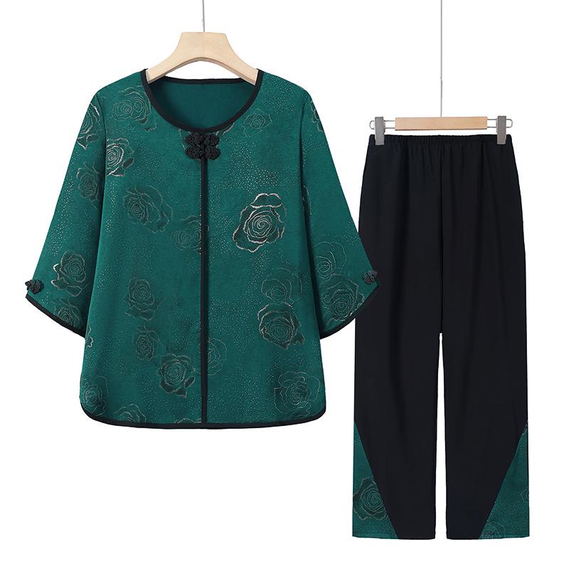 

Plus Size Maternity Summer Set: Loose Three-Quarter Sleeve Pullover & Nine-Point Pants XL (90-105 Jin) зелений
