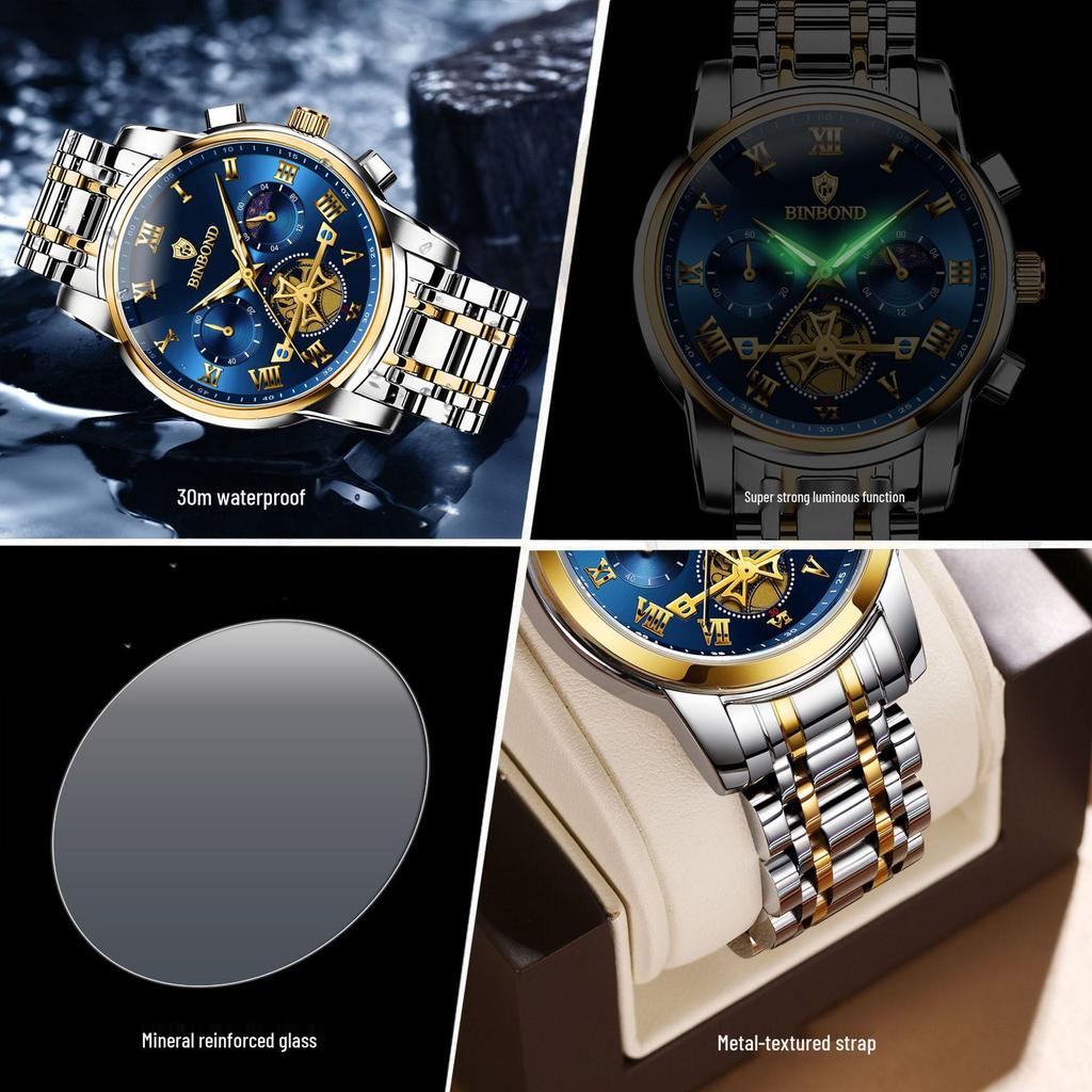 Binbang Luminous Skeleton Waterproof Quartz Men's Watch