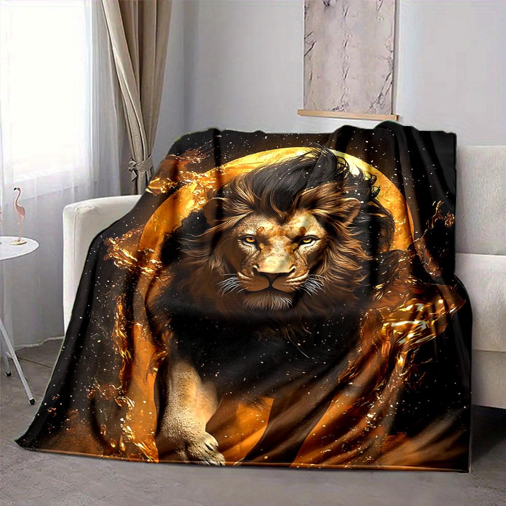 1pc Lion Moon Print Blanket   Lightweight Flannel Throw Blanket For Sofa, Bed, Living Room, Office, Outdoor Travel, Camping 80cmx120cm