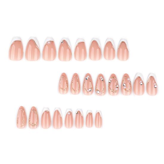 24Pcs Women Almond Press Faux Pearl on Nails Rhinestone