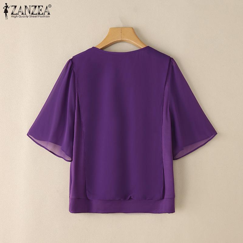 ZANZEA Women Summer Chiffon Splice Half Sleeve Loose Summer Blouse