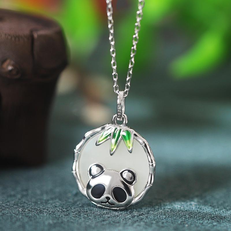 Hetian Jade Panda Bamboo Pendant Necklace for Women
