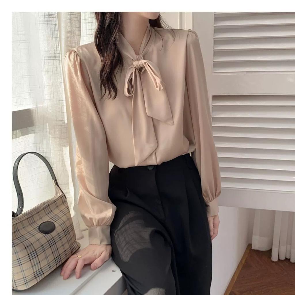 Spring and Autumn  Tops Bow Tie Chiffon Shirts Casual Long Sleeve White Blouse Women's Elegant Business Loose Blouses Ladies
