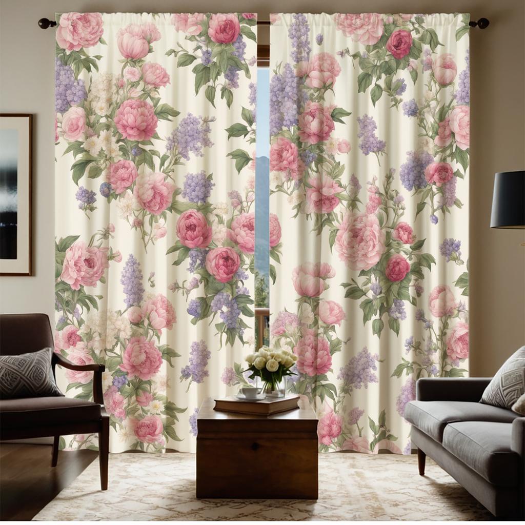 2Pcs Glam Style Floral Printed Curtains, Semi-Sheer Polyester Drapes With Rod Pocket, Machine Washable, Decorative Unlined Windo