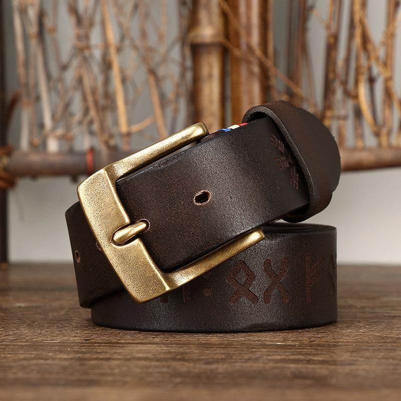 Belt Men's Retro Personalized Trendy Laser Engraving Genuine Cattlehide Leather Surface Brass Buckle Men's Jeans Belt Men's