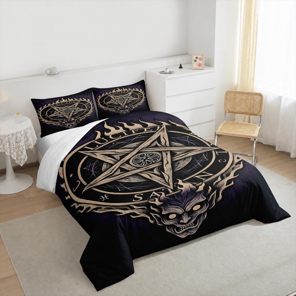 Duvet Cover Set Lucifer Satan Pentagram Flame Demon Wood Occult 3 Piece Bedding for Adult Fan Gift