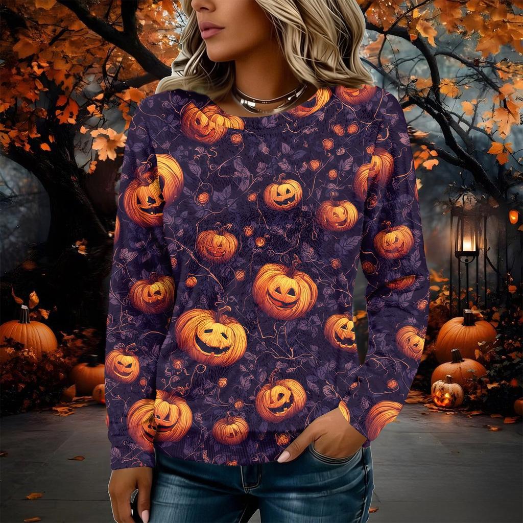 Women's Flannel Long Sleeve Top with Halloween Print Neck Pullover Shirt