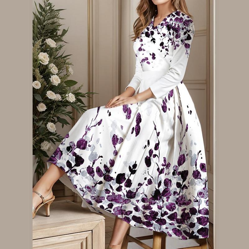 GMXIA Women's Floral Printed V-Neck 9/10 Sleeve Casual Dress with Big Hem