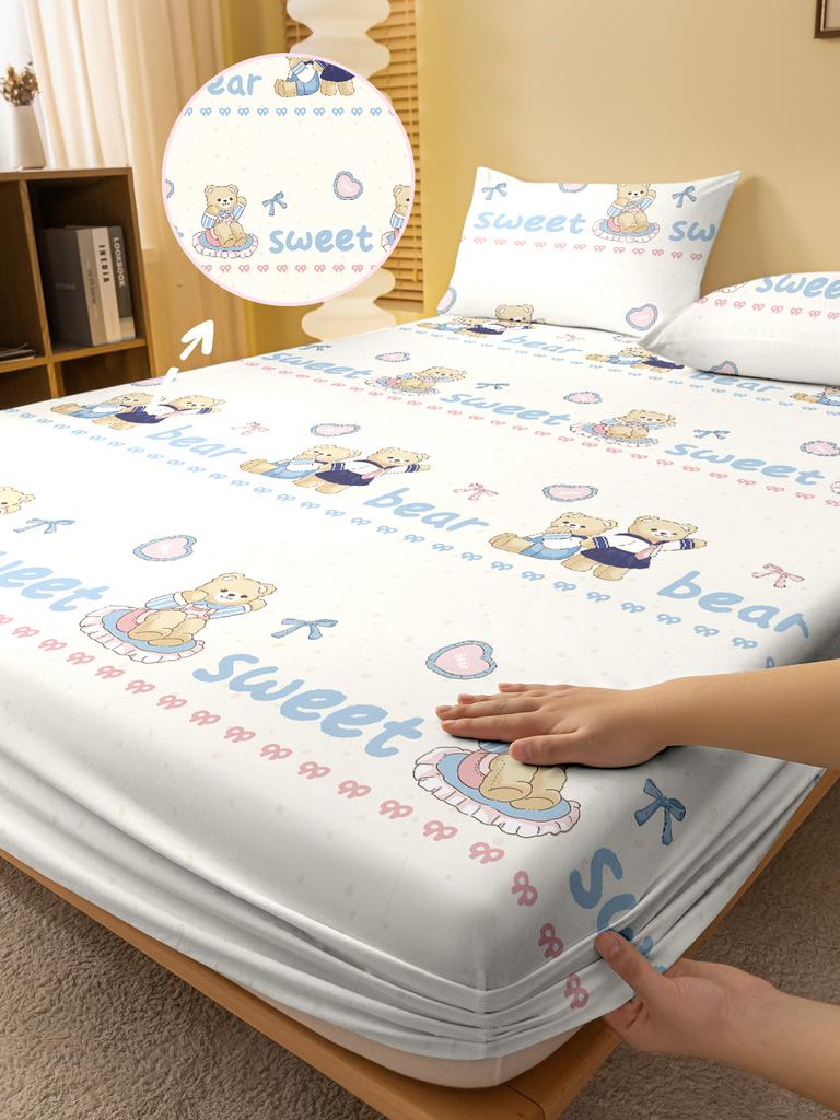 1 Cartoon Cute Animal Bear Printed Matte Fitted Sheet, Bedroom Printed Bed Cover, Bedding (Excluding Pillowcases)