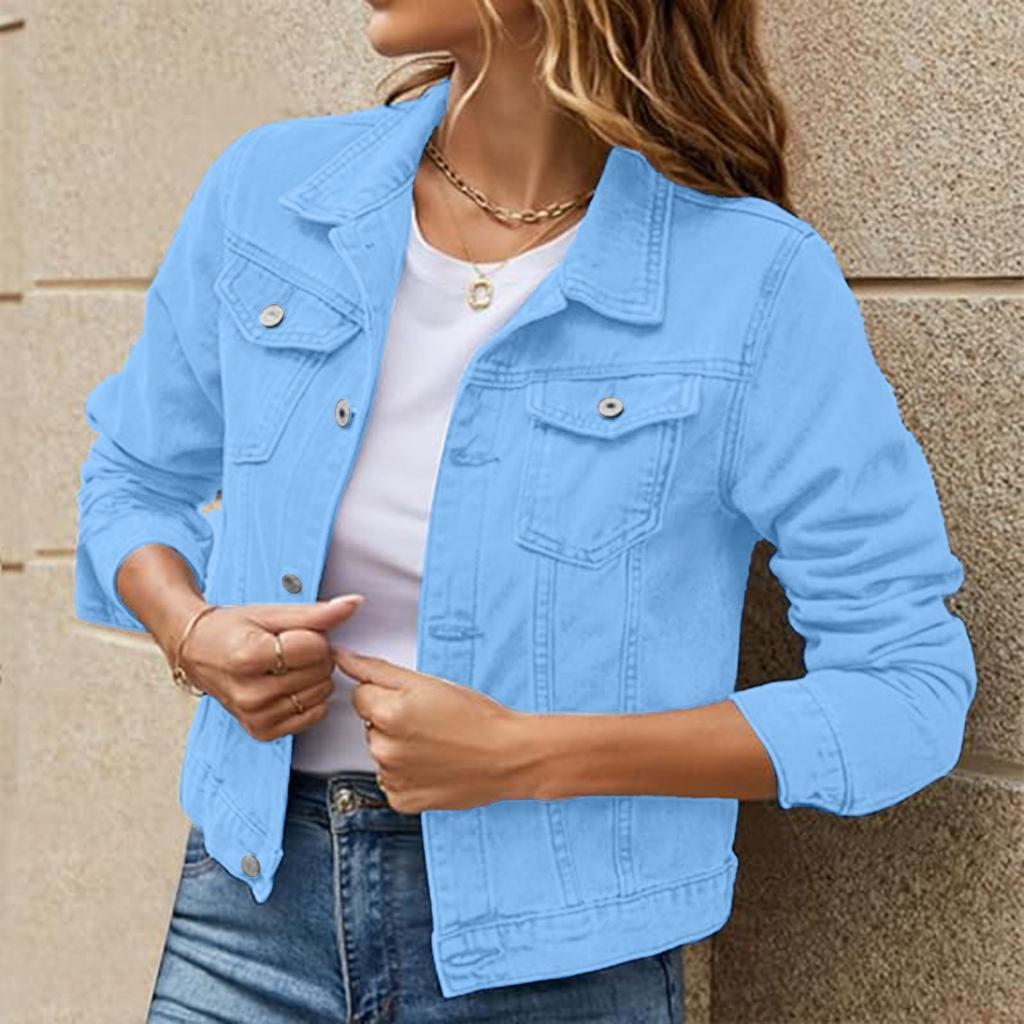 Women's Fashion Long Sleeve Color Cardigan Lapel Pocket Single Breasted Short Denim Jacket Coat