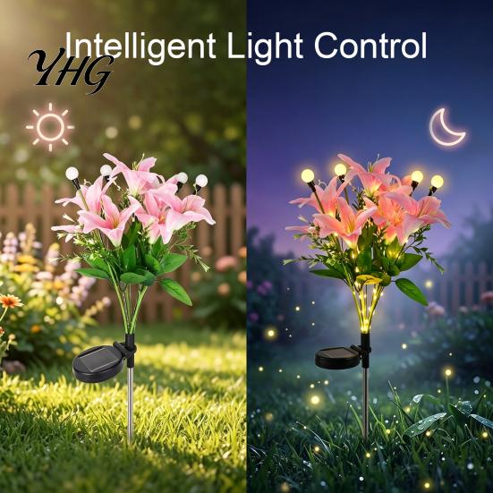 Solar Garden Lights Outdoor Waterproof 2Pcs Artificial Flower Lights, Lily Bamboo Wisteria Stake Warm White Firefly Pathway Lighting Powered for Yard