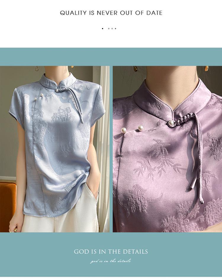 Women's 2025 Spring/Summer Chinese Faux Silk Jacquard Shirt - National Trend Tang Suit with Stand Collar and Diagonal Placket