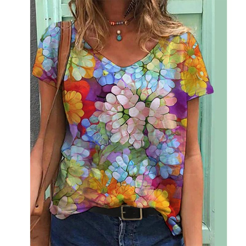 New Flower Floral 3D Print T-shirt Women V-Neck Short Sleeve Tees Y2k Tops Streetwear Harajuku Oversized T Shirts Woman Clothing
