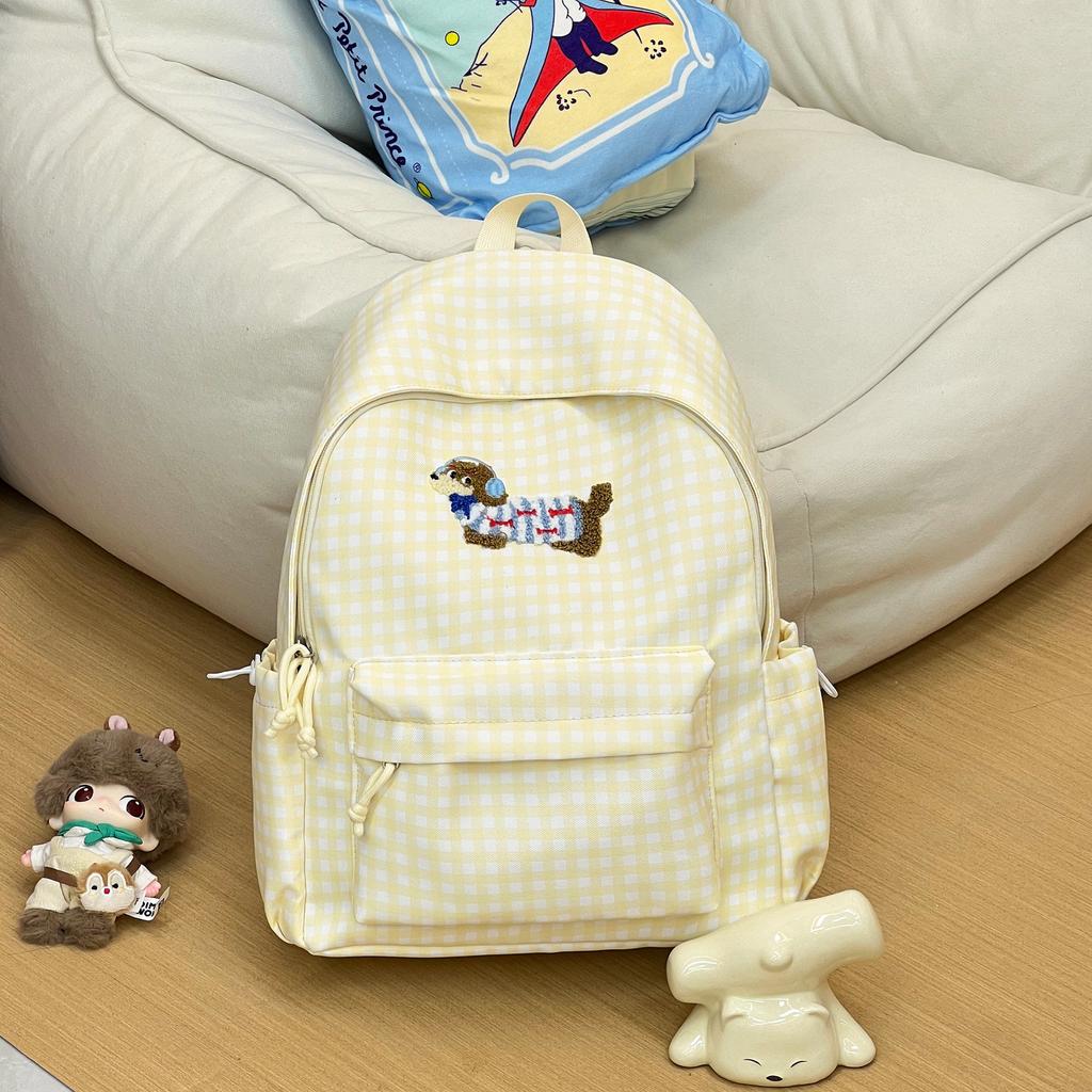 Schoolbagins Cartoon Puppy Backpack Women's Fashion Versatile Plaid Student School Bag Large Capacity Casual Backpack