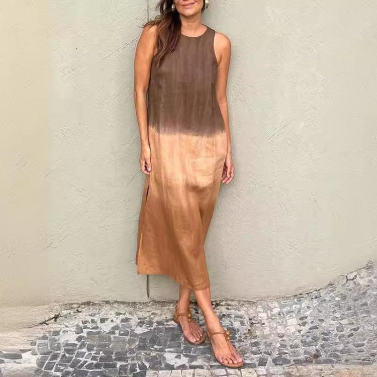 Women's Summer Loose-Fit Casual Cotton-Linen Sleeveless A-Line Skirt with Side Slit An Elegant Gradient Dress