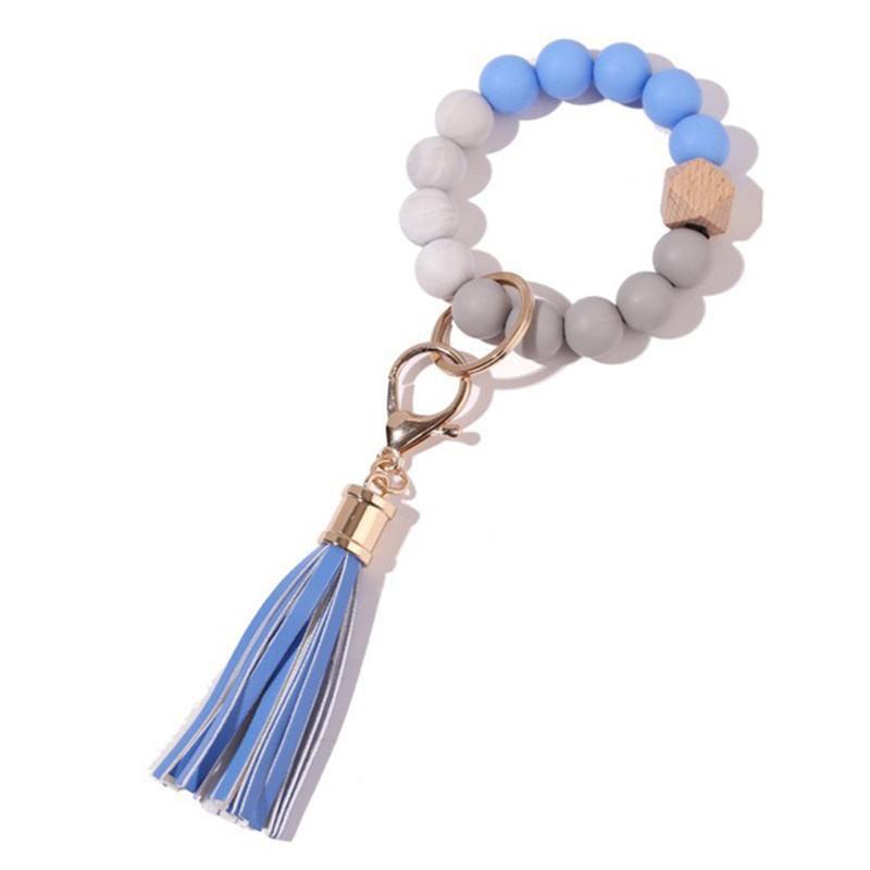Stock Silicone Beads Elastic Bangle Bracelet Keychain Leather Tassel Silicone Beads Bracelet Wristlet Keychain for Women