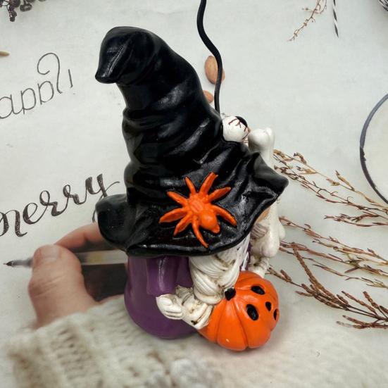 Halloween Gnome Figurine, Small Resin Dwarf Table Decoration, Spooky Pumpkin Bat Skull Gnome Statue for Tiered Tray, Tabletop, Home Decor