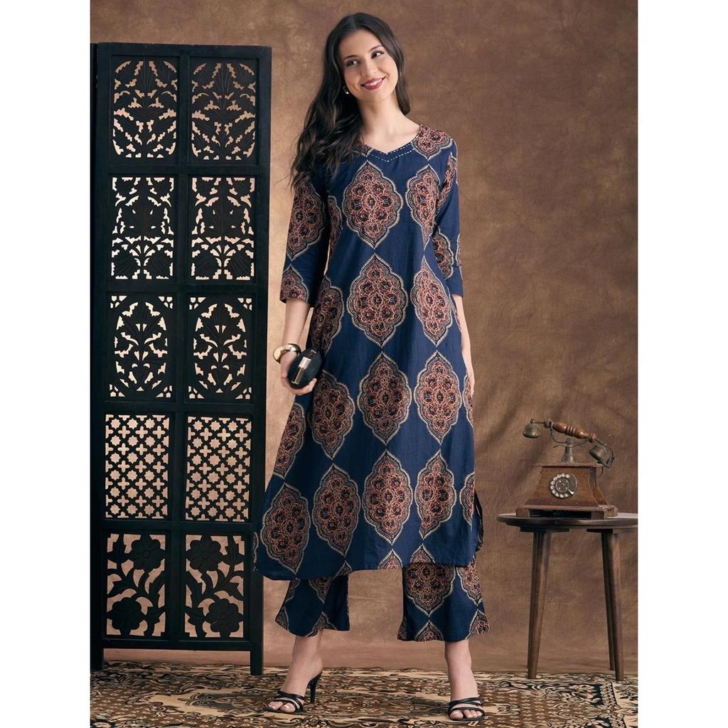 Ajrakh Printed Viscose Rayon Kurti Pant Set Women Office Wear Ethnic Kurta Set
