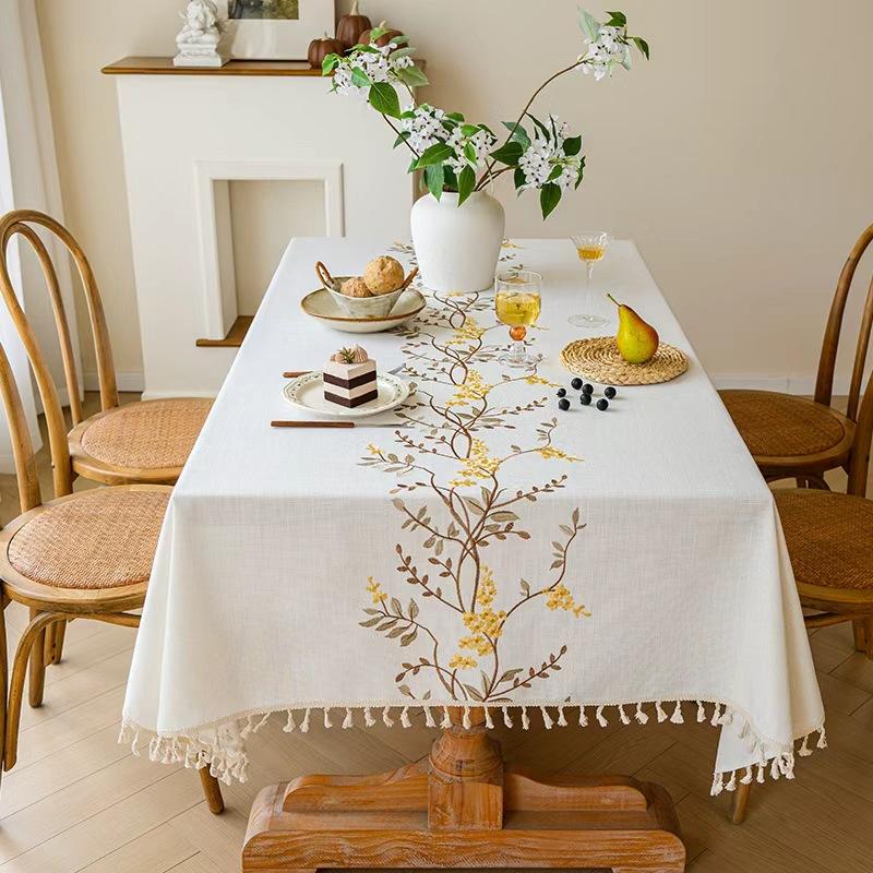 Rectangle Embroidered Tassel Tablecloth American Waterproof Floral Dining Table Cloth Home Decor Tea Table Dustproof Table Towel