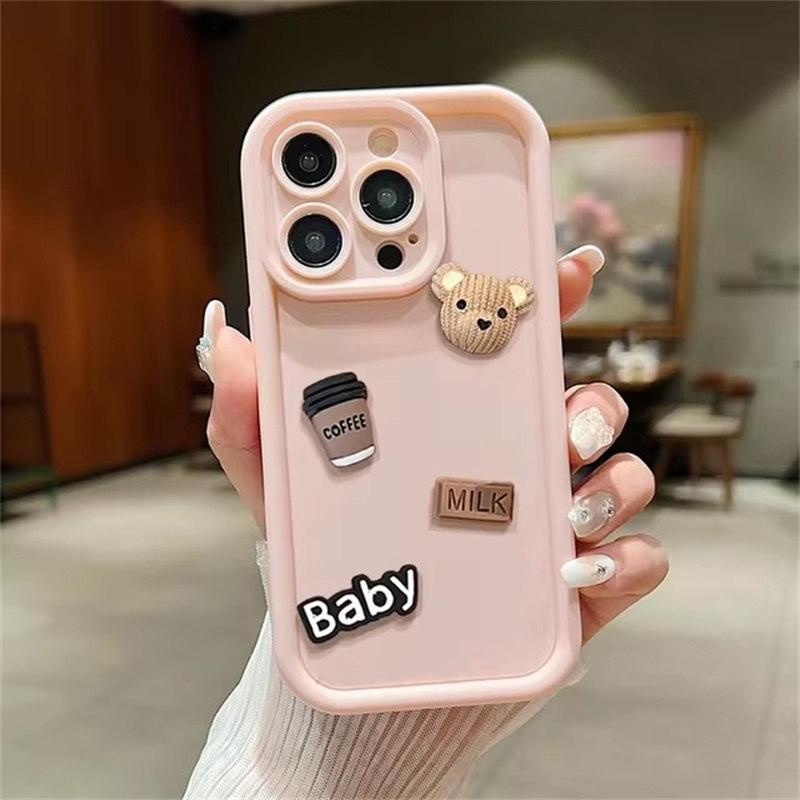 Cute 3D Bear Drinking Coffee Phone Case for iPhone 16 15 14 Pro Max, Soft Matte Silicone Cover Shockproof for iPhone 13 12 11 Pro Plus X XR XS
