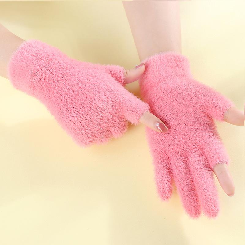 Dew two-finger gloves women's warm autumn and winter wool imitation mink velvet thick half-finger work students writing cold winter