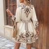Women's V Neck Three Quarter Sleeve Printed Loose Fit Mid Waist Elegant Mini Dress