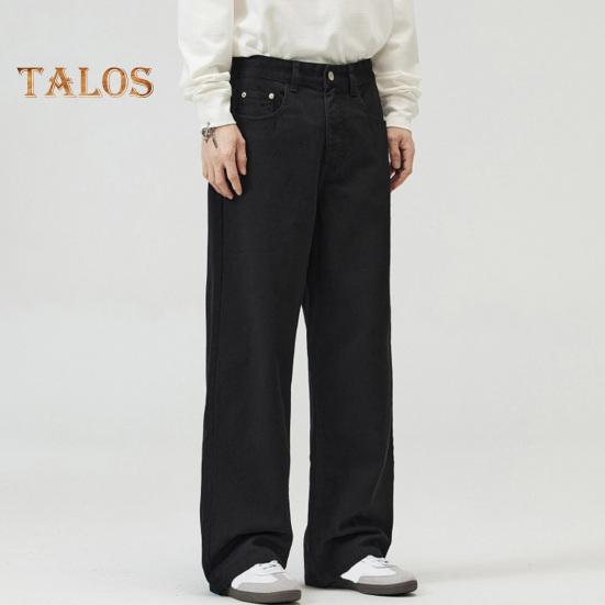 Men Pants Solid Color Straight Wide Leg Retro Style Pants with Pockets Zippered Trousers for Daily Home Streetwear Sports
