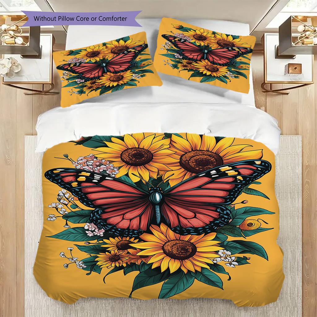 Flowers and Insects Pattern Bedding Quilt Set Quilt Cover Pillowcase Home Decoration Birthday Gift (1 * duvet cover + 2 * pillowcase, without core)