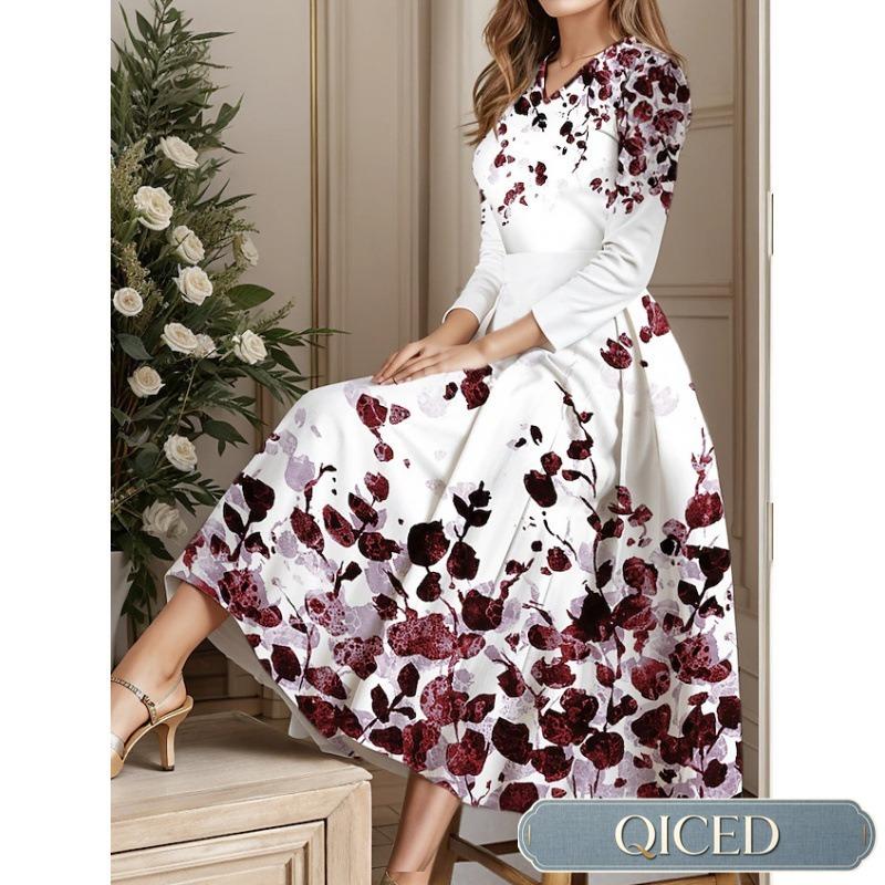 QICED Moda Feminina Outono Inverno Manga Longa Gola Redonda Vestidos Casuais Casuais Chiques