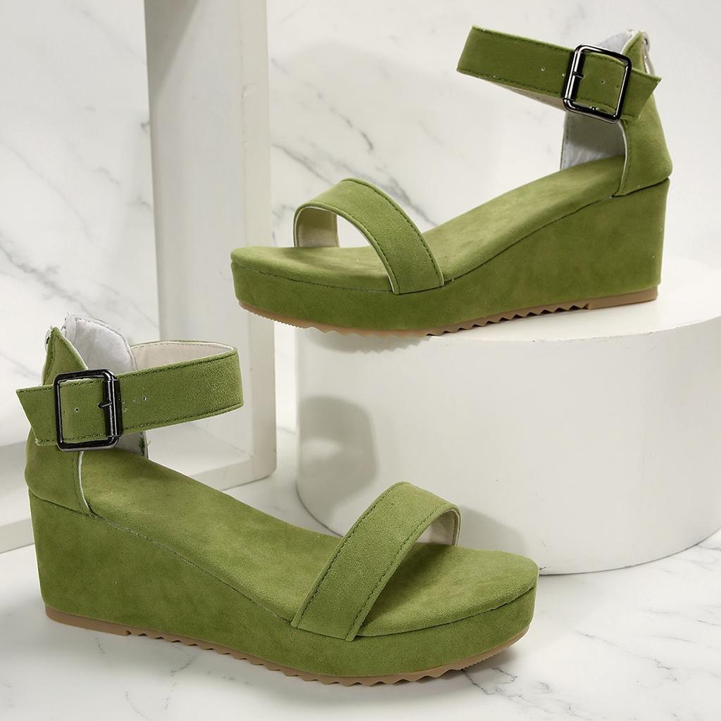 2025 New Solid Color Round Toe Exposed Toe Suede One-piece Buckle Strap Women's Plus Size Wedge Sandals