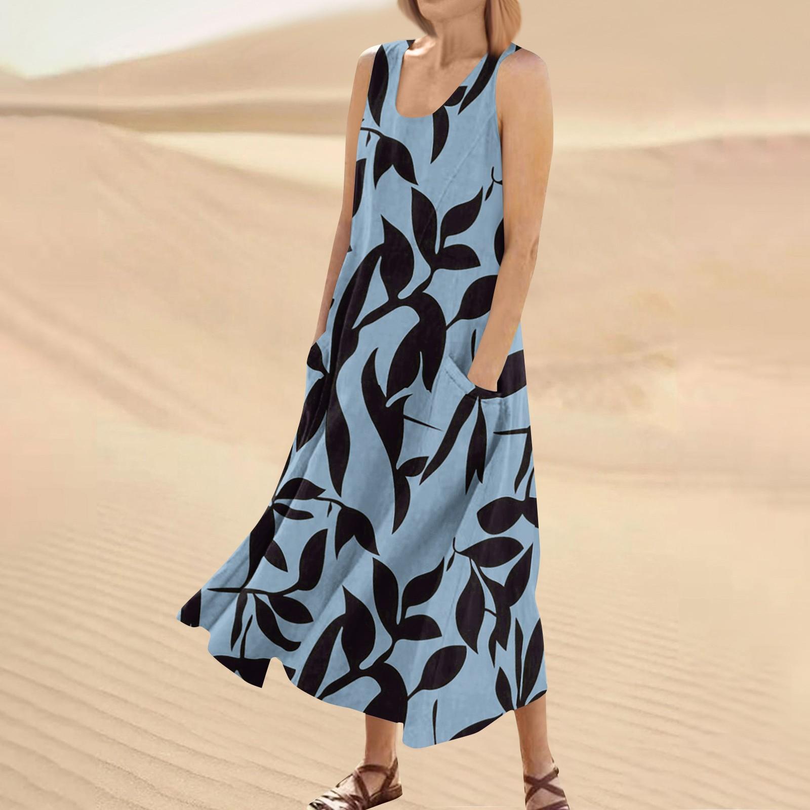 

Женское модное повседневное однотонное хлопковое льняное платье без рукавов с карманами XXL синий