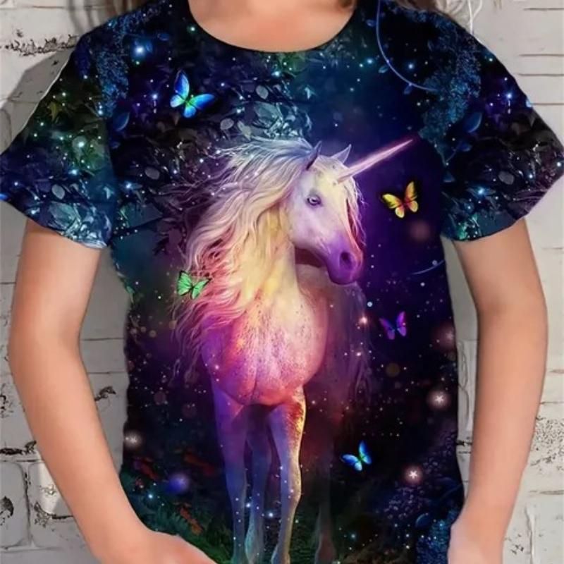 Children's Cartoon Unicorn Printed Colorful Round Neck T-shirt Girls Fashionable Soft Comfortable T-shirt