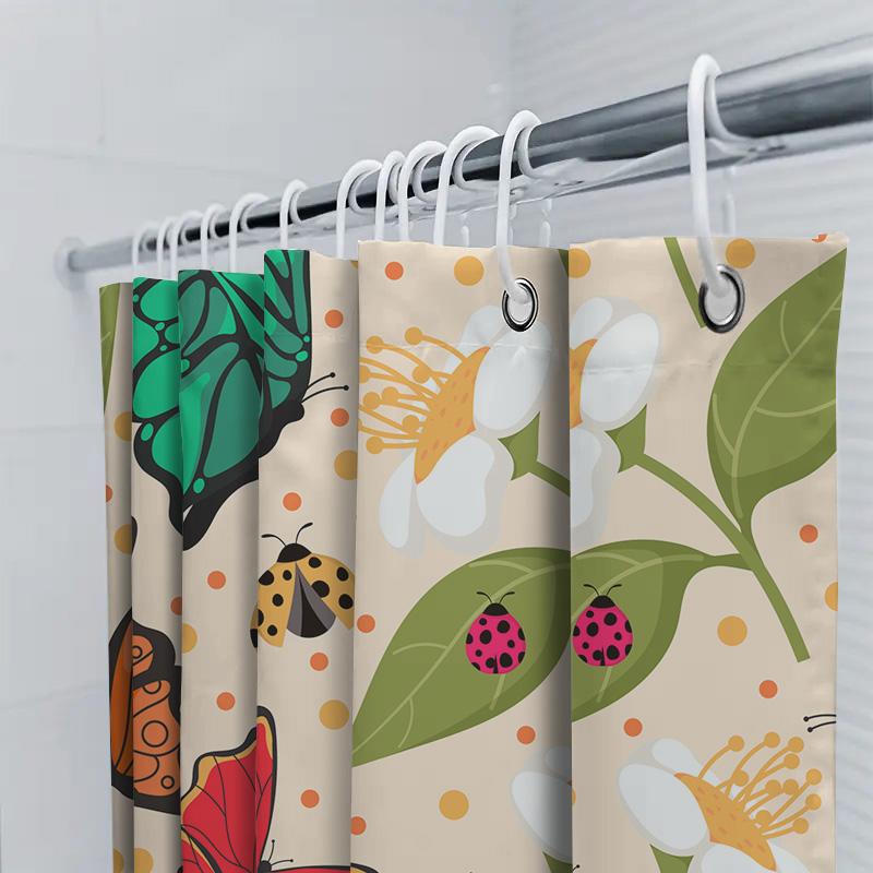 Colorful Butterfly Ladybug Shower Curtain Set For Bathroom Decor Floral Print Waterproof Fabric Shower Curtains With Hooks (Whit