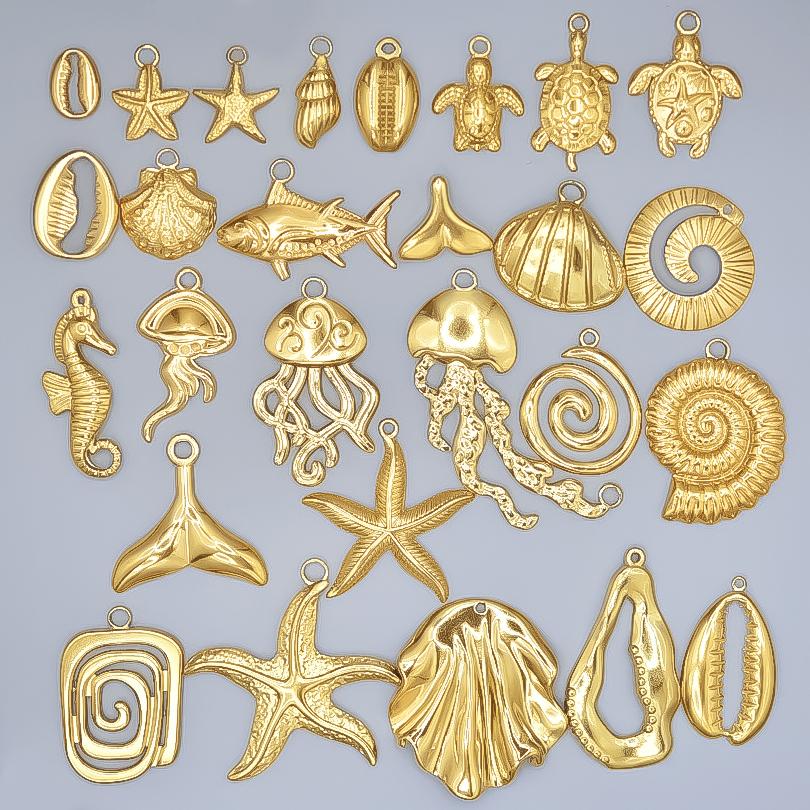 6Pcs Real Gold Plated Ocean Animal Turtle Shell Conch Starfish Diy Charms For Jewelry Making Bulk Stainless Steel Charm Pendant