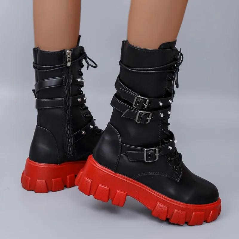 Fashion Hot Motorcycle Boots 2024 Autumn Fashion Black Red Gothic Platform Buckle Chain Punk Rivet Combat Boots Large Size Women's Shoes