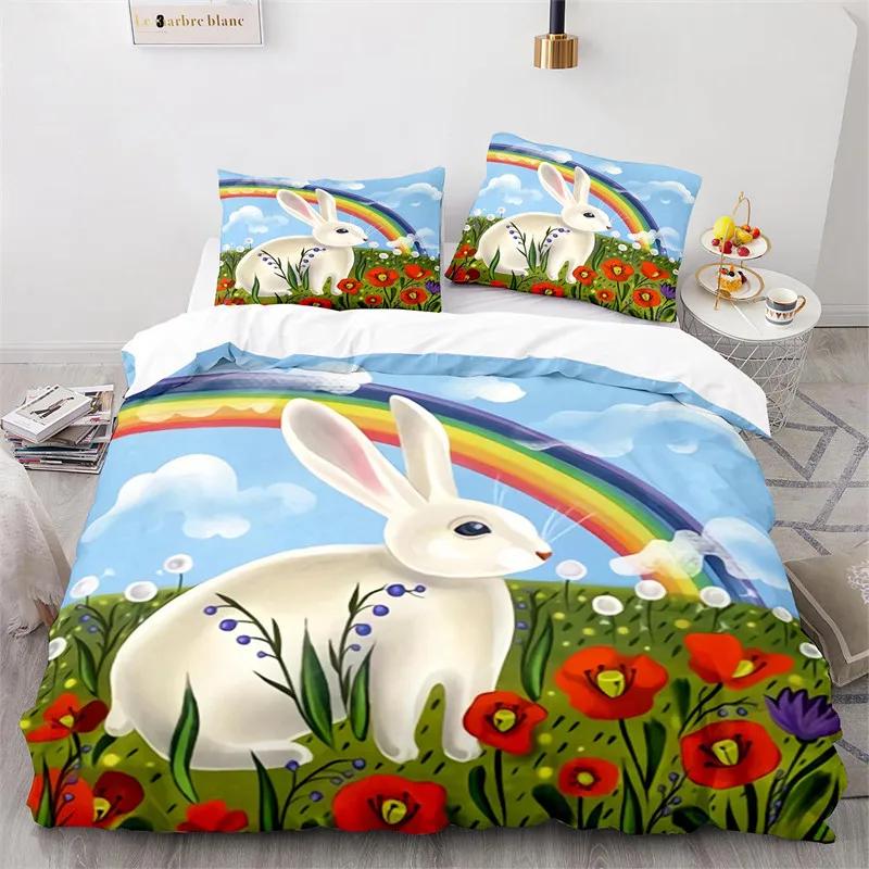 Copripiumino Animali Cartoni Animati Simpatico Set Letto Coniglio Arcobaleno Microfibra Fauna Selvatica Copripiumino Misura Singola Per Bambine Bambini Stanza Kawaii