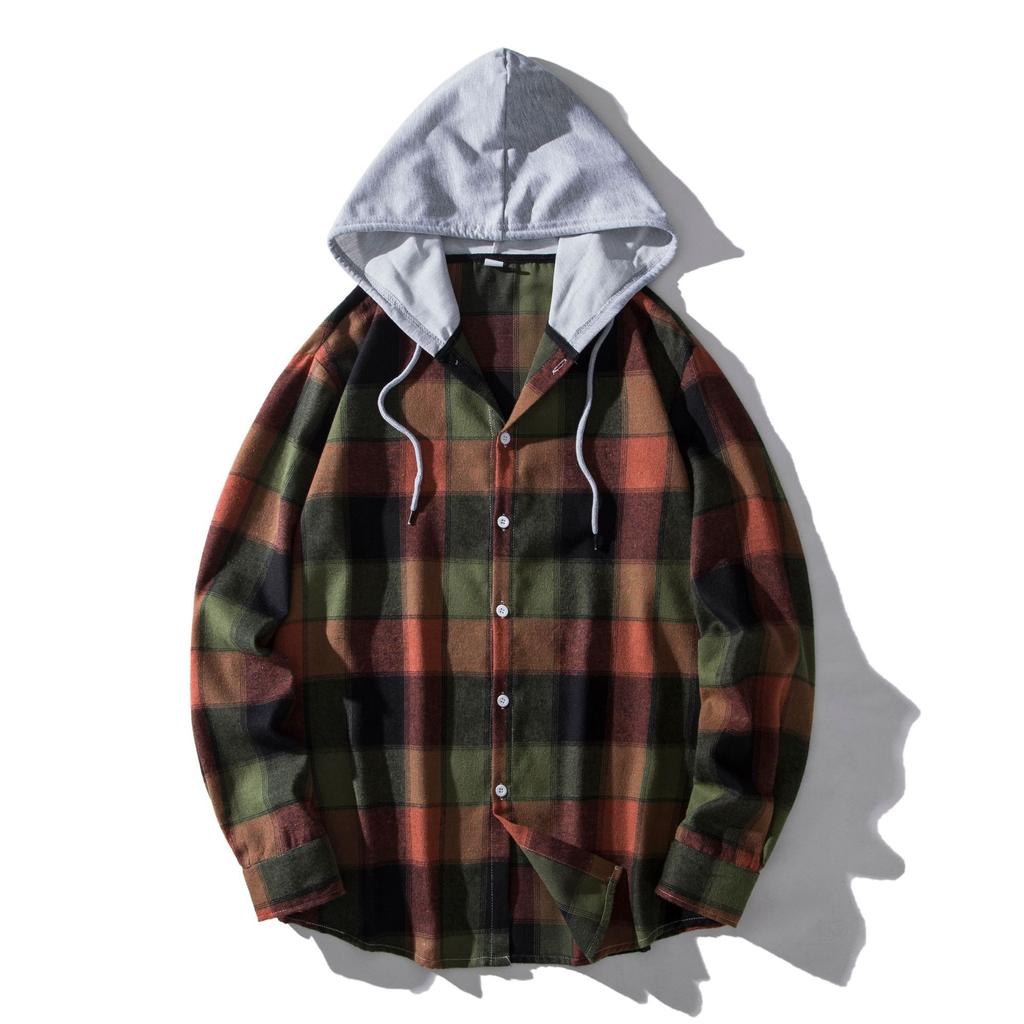 Spring Autumn Men's Checkered Hooded Shirt Man Casual Loose Button Up Plaid Shirts