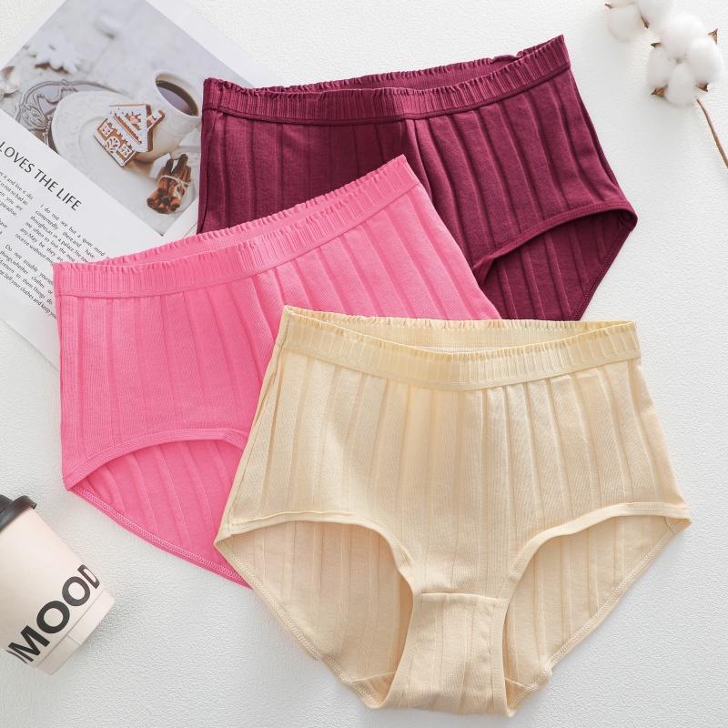 4PCS/SET Women Basic High Waist Striped Panties Cotton Breathable Daily Multi Color Set Butt Lifting Plus Size Comfort Underwear