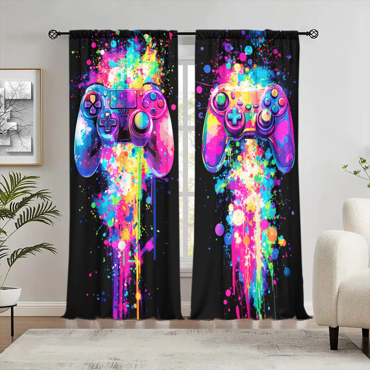 2pcs Colorful Ink Splash Gamepad Curtains   Sunshade and Privacy-protecting Pole-type Curtains