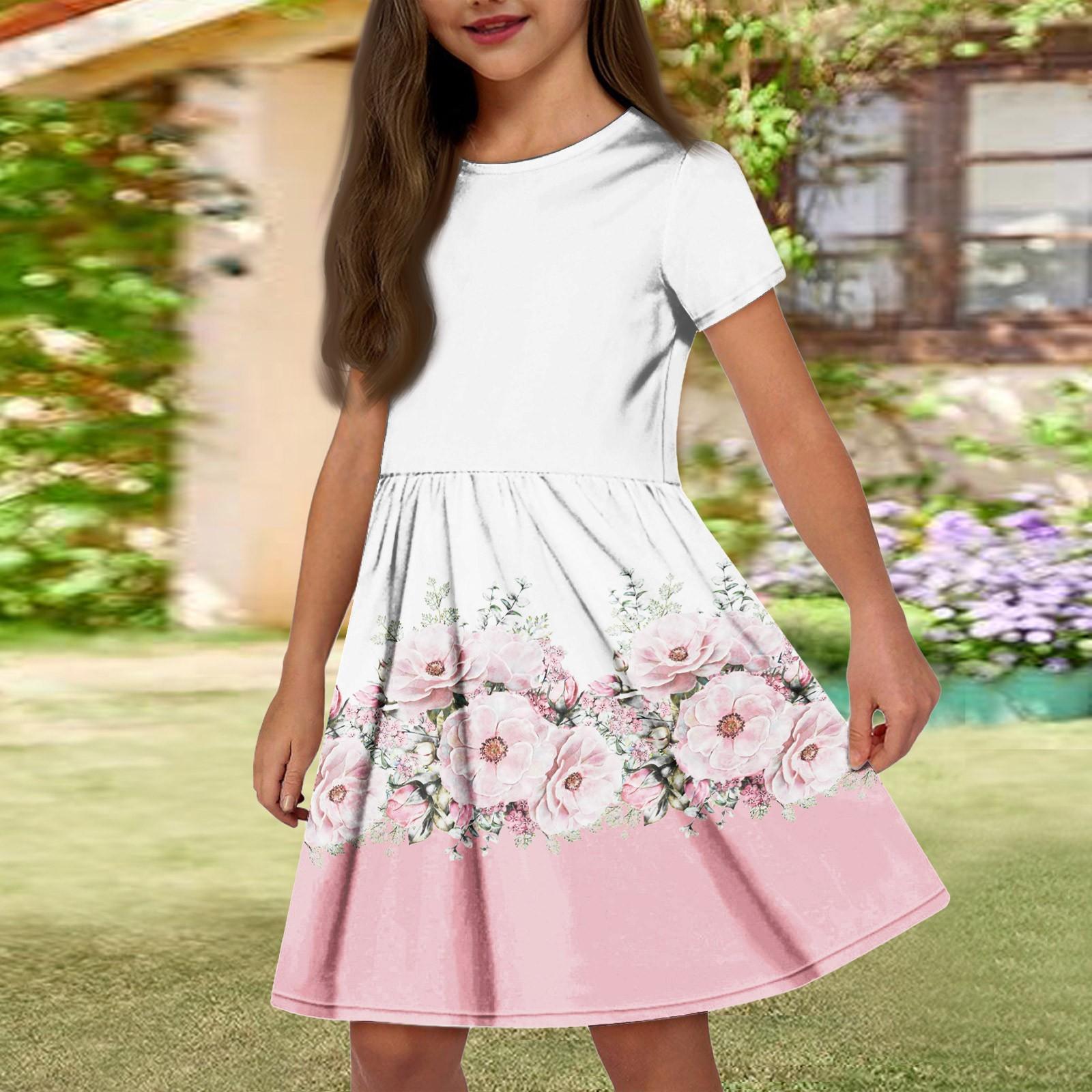 

Летнее платье для девочек, однотонное платье без рукавов с принтом и карманом, повседневное платье, вечернее платье с короткими рукавами 120 розовый