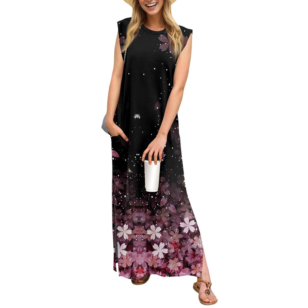 Summer Dresses For Women Round Neck Casual Loose Printing Split Wrinkle-Free Long Maxi Beach Dress With Pockets